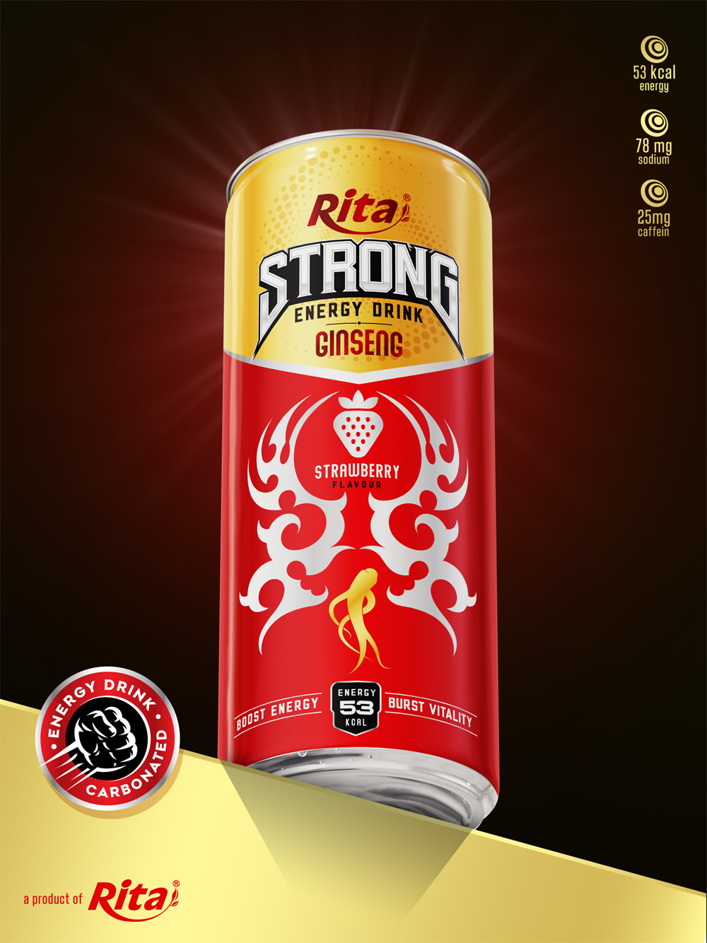 Poster strong energy drink ginsing with strawberry 320ml slim can