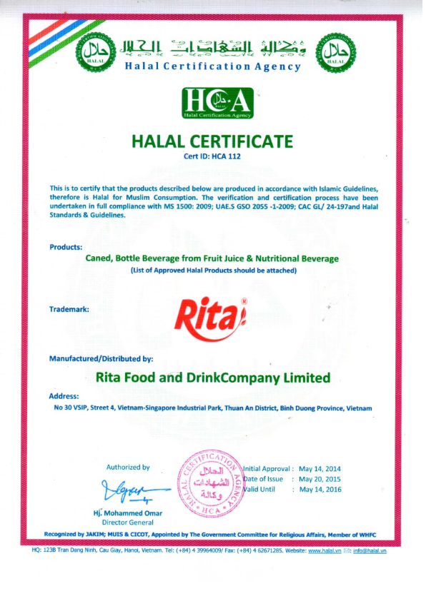 HALAL  for RITA juice company
