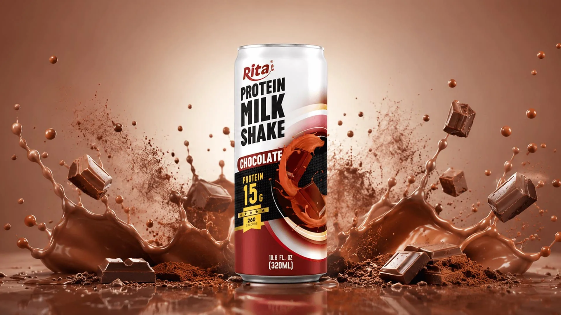 Rita Protein Milkshake Chocolate Flavor Rich Cocoa High Protein Drink 320ml Sleek Can